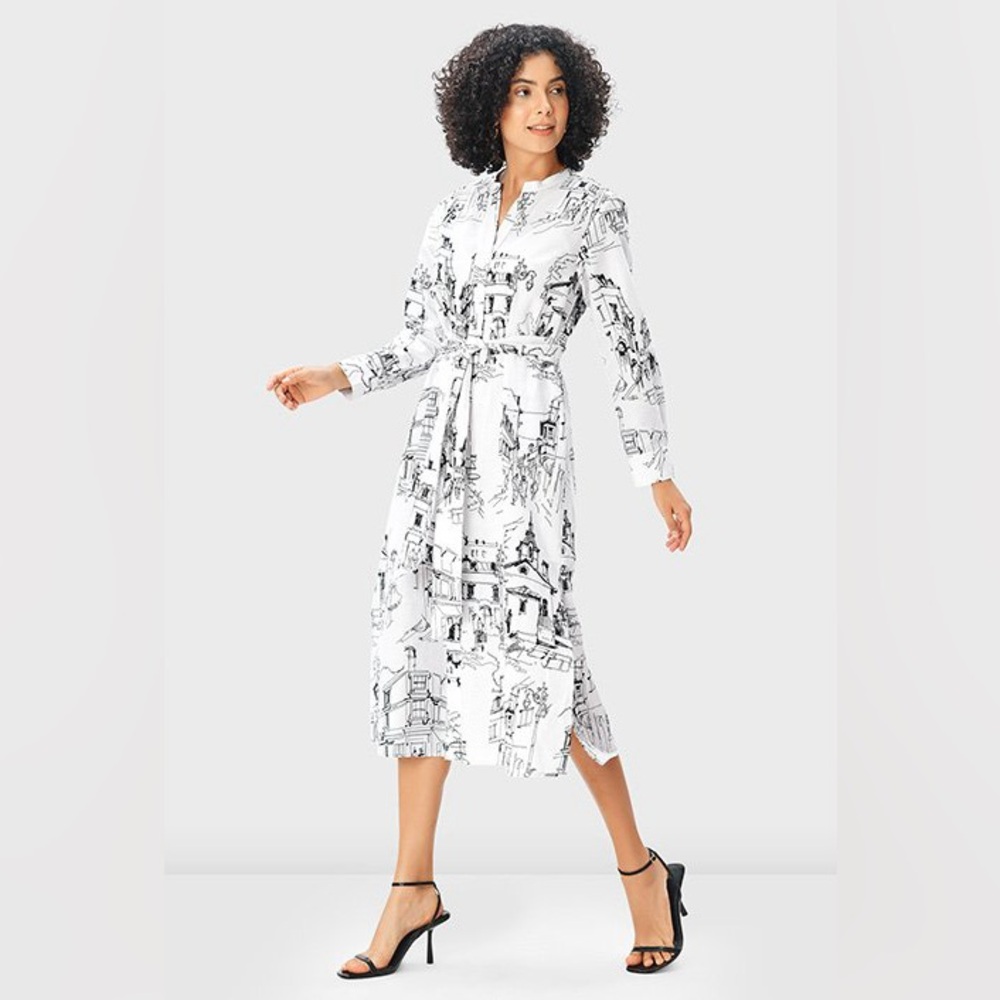 Tie Waist Cityscape Print Cotton Linen Vented Shirt Dress